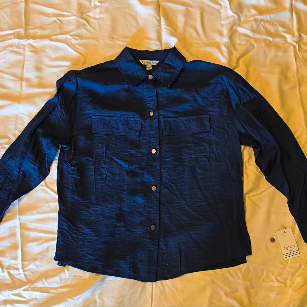 Ophelia Roe Blue Satin Solid Collared Button-Up Long Sleeve Blouse S Pockets #65